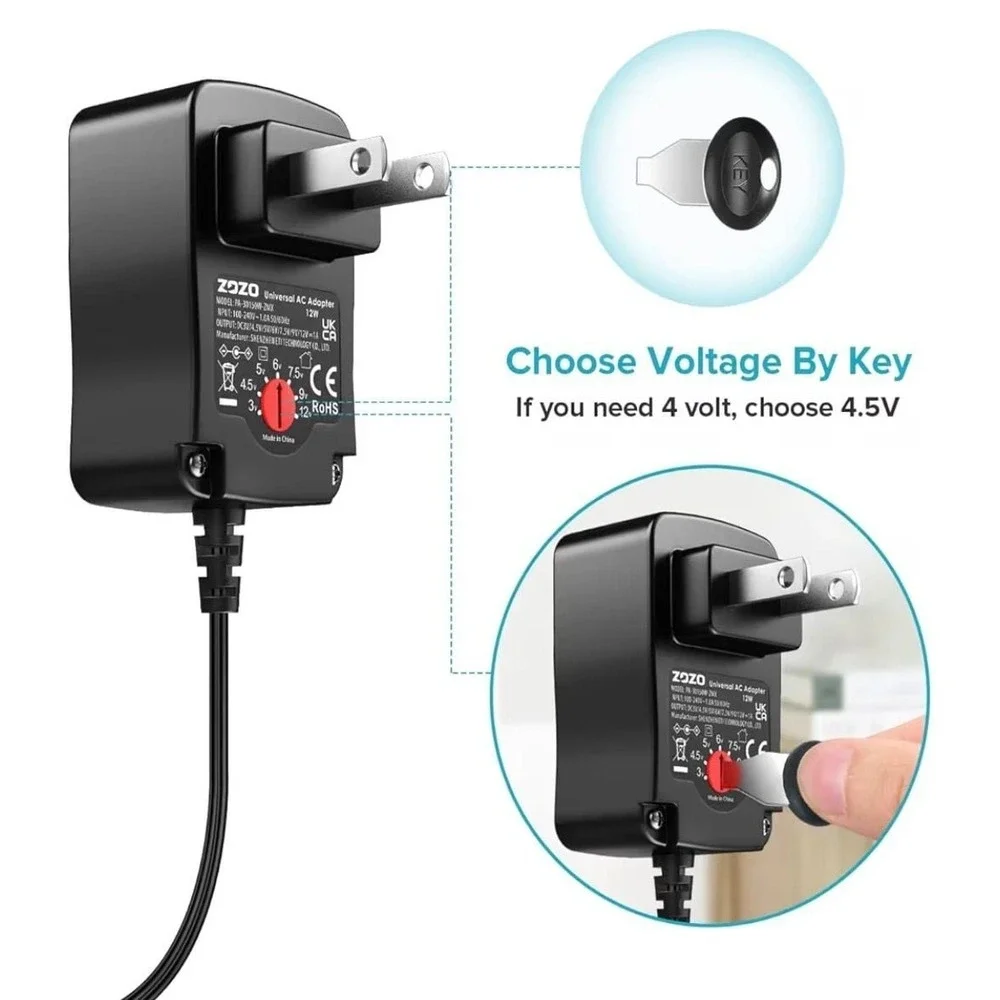 ZOZO 12W Universal AC to DC Power Adapter 3V-12V Adjustable Multi-Voltage Switch